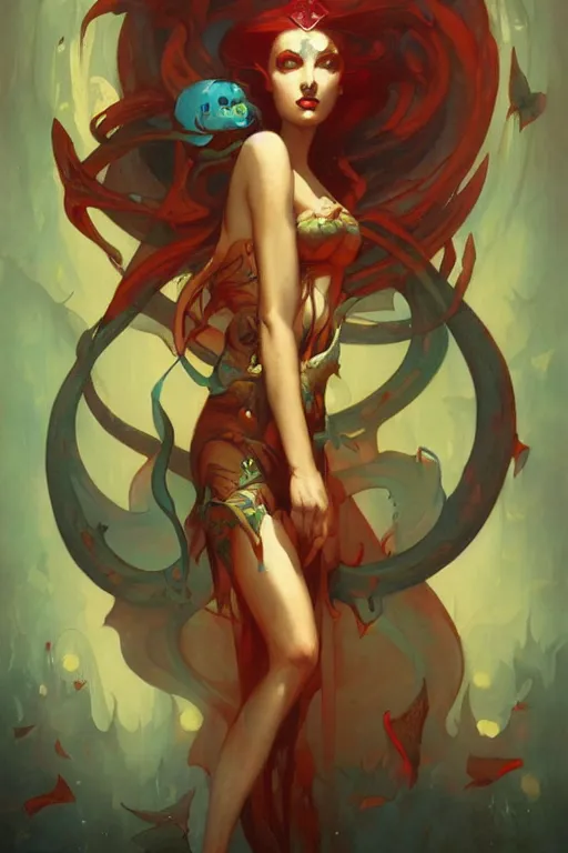 Prompt: Princess of darkness by Peter Mohrbacher in the style of Gaston Bussière, Art Nouveau, vibrant colors