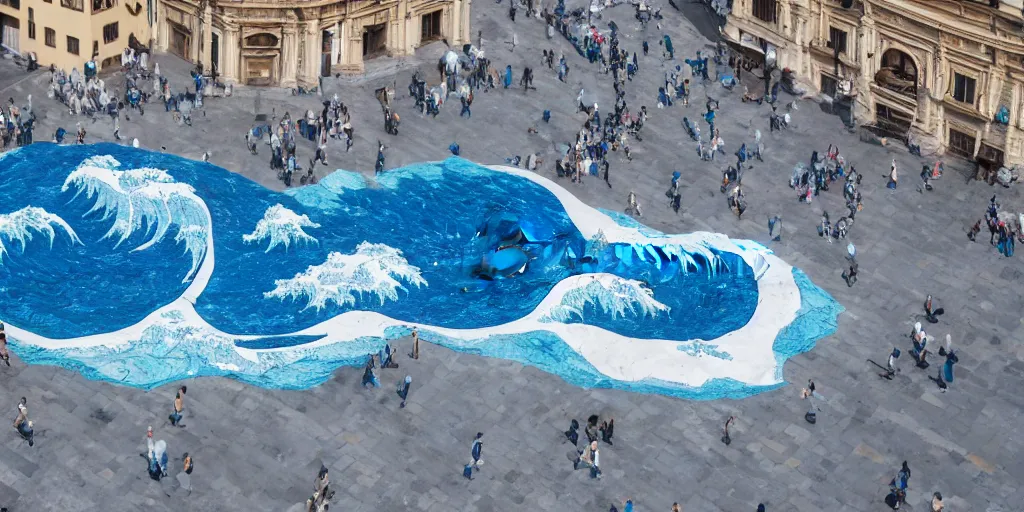 Image similar to A white and blue marble sculpture of The Great Wave off Kanagawa in the middle of an empty Italian piazza without people, midday, 4k photograph, sunny day, long shot