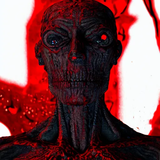 Image similar to octane render of a body horror humanoid, sharp dark shadows, black and red color palette by trevor henderson and junji ito