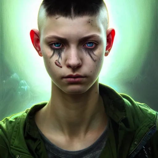 Image similar to portrait painting of a post - apocalyptic bald androgynous teenager with white eyes and a green aura around his head, ultra realistic, concept art, intricate details, eerie, highly detailed, photorealistic, octane render, 8 k, unreal engine. art by artgerm and greg rutkowski and charlie bowater and magali villeneuve and alphonse mucha