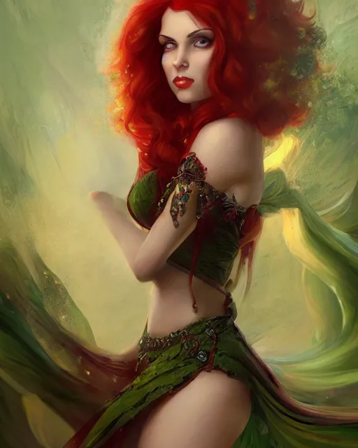Prompt: A detailed painting of a full length portrait of a seductive woman sorceress with flowing red hair, and green eyes. By Anne Stokes and Steve Argyle and Daniela Uhlig and Tom Bagshaw. Trending on Artstation, digital character painting.
