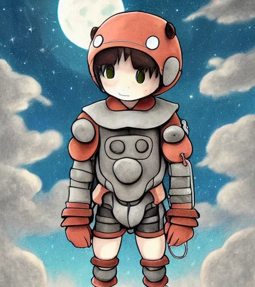 Prompt: beautiful little boy wearing an cyborg bear suit, artwork in kentaro miura and made in abyss and sakimichan, inspired in super bomberman, smooth, beautiful lightness, anatomically correct, trending on pixiv, moon