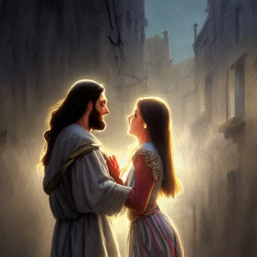 Image similar to jesus kissing a woman in a street, elegant, highly detailed, digital painting, artstation, concept art, matte, sharp focus, highly detailed, 4 k, hdr, smooth, sharp focus, high resolution, award - winning photo, photorealistic, art by artgerm and greg rutkowski and alphonse mucha, large shot