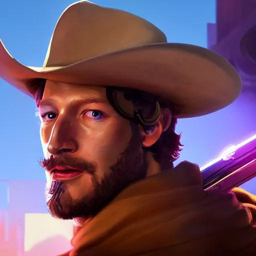 Prompt: a screenshot of mark zuckerberg as mccree in overwatch, portrait, fantasy, beautiful face, vivid colors, elegant, concept art, sharp focus, digital art, hyper - realistic, 4 k, unreal engine, highly detailed, hd, dramatic lighting by brom, trending on artstation