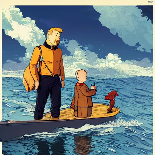 Image similar to Tintin and Haddock goes into an adventure. Elegant, intricate, digital painting, artstation, concept art, smooth, sharp focus, illustration, art by artgerm and greg rutkowski and alphonse mucha