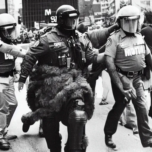 Image similar to big bird being arrested for inciting a riot, 35mm photo