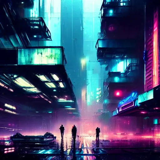 Prompt: photo of a rundown futuristic city scene at night with neon lights, raining, sci fi splash art by craig mullins, greg rutkowski