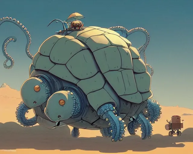 Image similar to a cell shaded cartoon giant lovecraftian mechanized turtle from howl's moving castle ( 2 0 0 4 ), on a desert road, full body, illustration, wide shot, very subtle colors, post grunge, concept art by josan gonzales, wlop, by james jean, victo ngai, trending on artstation, hq, deviantart, art by artgem