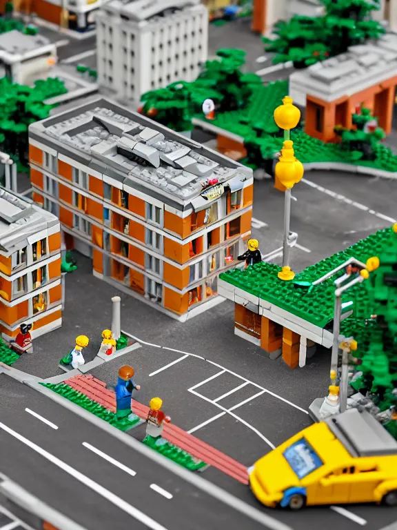 Prompt: detailed miniature lego diorama a soviet residential building, brutalism architecture, car parking nearby, elderly man passing by, warm and joyful atmosphere, summer, streetlamps, several birches nearby