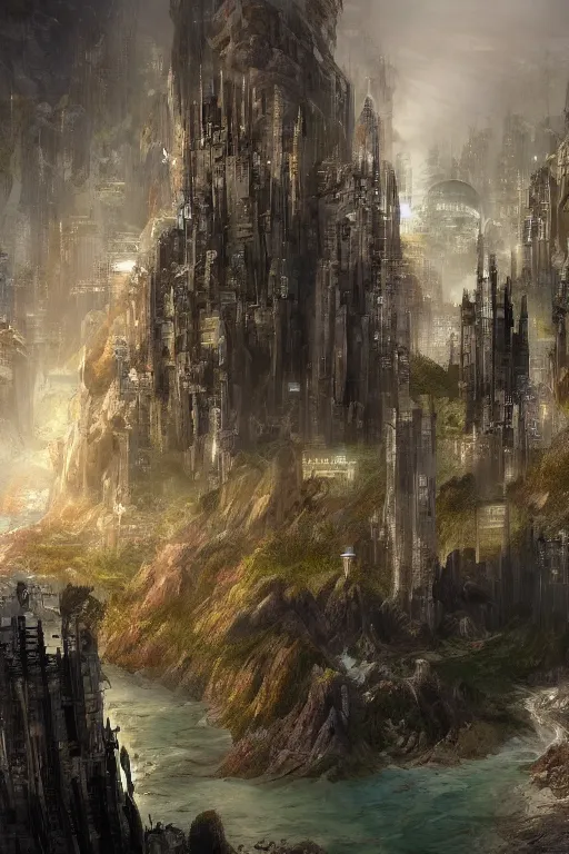 Image similar to fantasy metropolis of tall towers at the top of a cliff looking over a river, concept art, trending on artstation