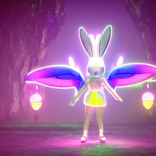 Image similar to neon fluorescent, iridescent cute bunny rabbits with fairy wings cyperpunk 2 0 7 7, unreal engine 5, 8 k ultra realistic, hyperdetailed, volumetric lighting, extremely high quality