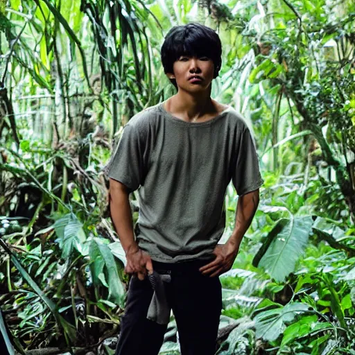 Image similar to head to toe photo, jungle book mowgli who is a 2 0 year old korean with large muscles and with long unkempt and slightly curly hair, holding a torch in one hand and an iphone in the other hand, standing in the jungles of jeju island