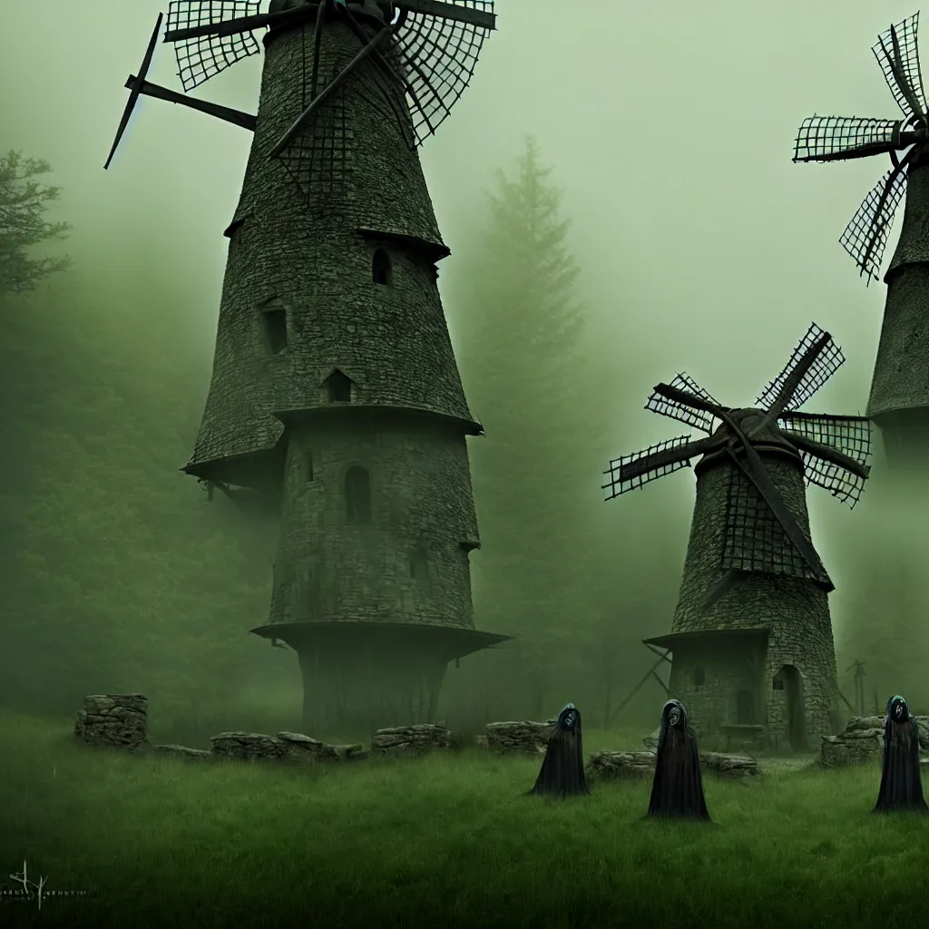 Prompt: evil hags with green skin, bones, old stone windmill, forest background, a detailed matte painting, fantasy, foggy, dark, 8 k