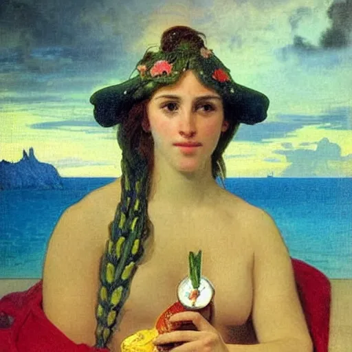 Image similar to The McDonald's Big Mac, extra toppics, mustard, pickles, ketchup, refracted sparkles, thunderstorm, greek pool, beach and Tropical vegetation on the background major arcana sky, by paul delaroche, alphonse mucha and arnold böcklin, hyperrealistic symmetrical 8k, award-winning, very very very detailed