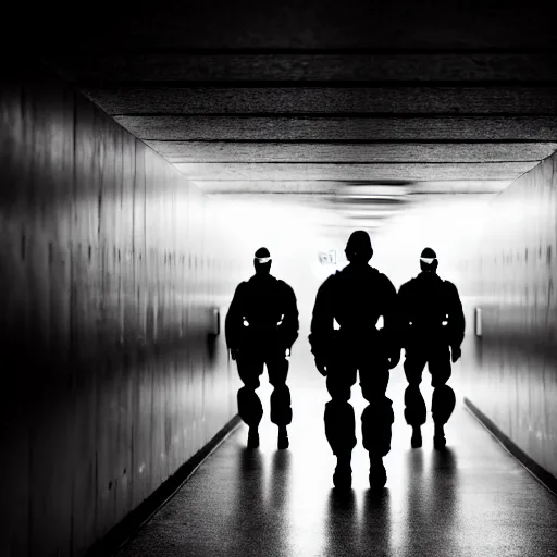 Image similar to Black military quadcopters, in the wide hallways in a futuristic prison underground, brutalist liminal architecture, sigma 85mm f/1.4, 4k, depth of field, high resolution, 4k, 8k, hd, full color