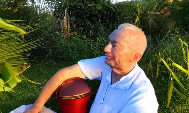 Image similar to My dad Steven Care just took a hit from the bongo and have good time being gracefully relaxed in the garden, sunset lighting