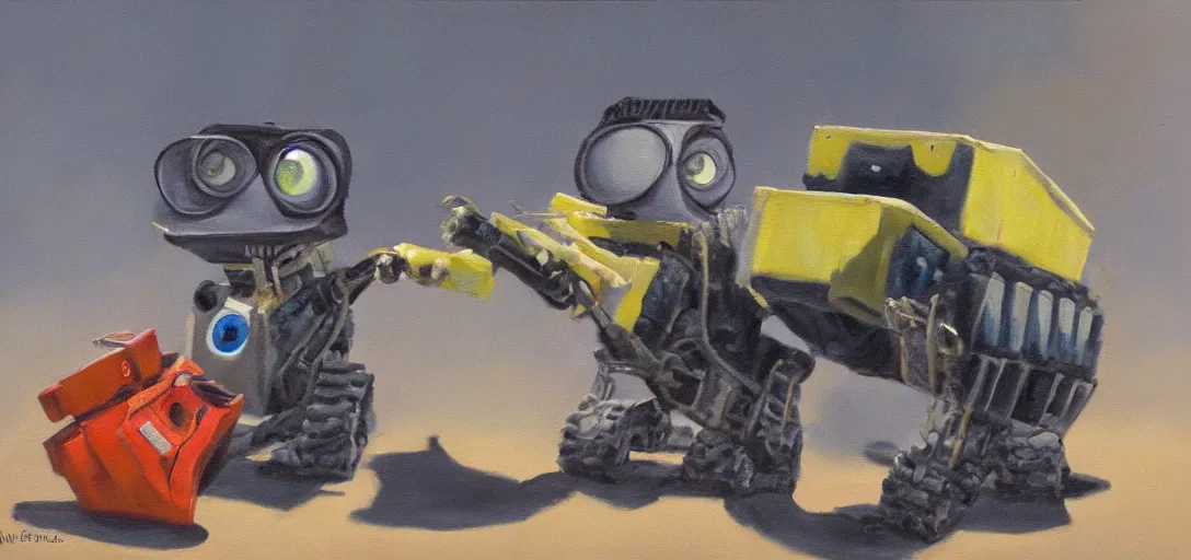 Prompt: Oil Painting of Wall E and Eva