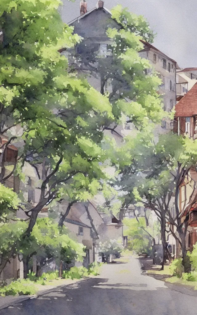 Image similar to street lined with old residential houses summer watercolor by arti chauhan trending on artstation