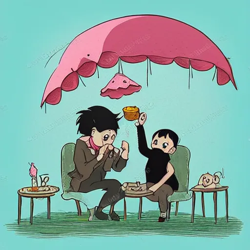 Image similar to tiny imaginary creatures having tea party in a humans beard. in a style of hayao miyazaki.