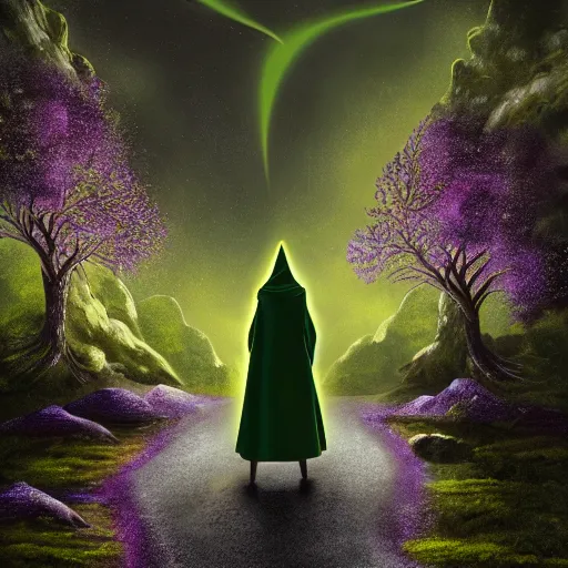view behind elven woman in green hooded robe holding a | Stable ...