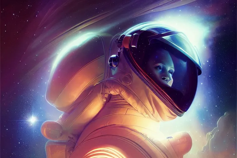 Prompt: Portrait of an astronaut reflective visor reflecting a nebula in space, portrait, elegant, intricate, digital painting, artstation, concept art, smooth, sharp focus, illustration, art by artgerm and greg rutkowski and alphonse mucha