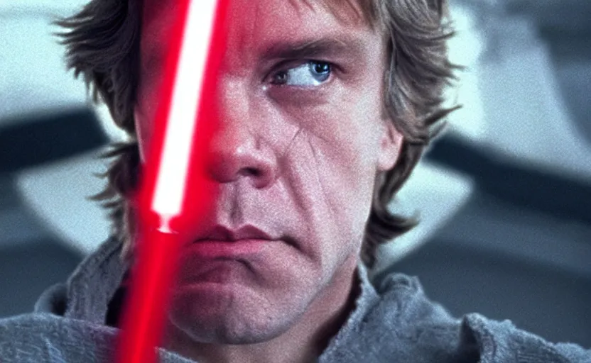 Prompt: screenshot close up portrait of Luke Skywalker's face with a red lightsaber inches away from slicing him, iconic scene from 1983 film by Stanley Kubrick, last jedi, 4k HD, movie still, explosions, cinematic lighting, beautiful portrait of Mark Hammill, moody scene, stunning cinematography, anamorphic lenses, kodak color film stock