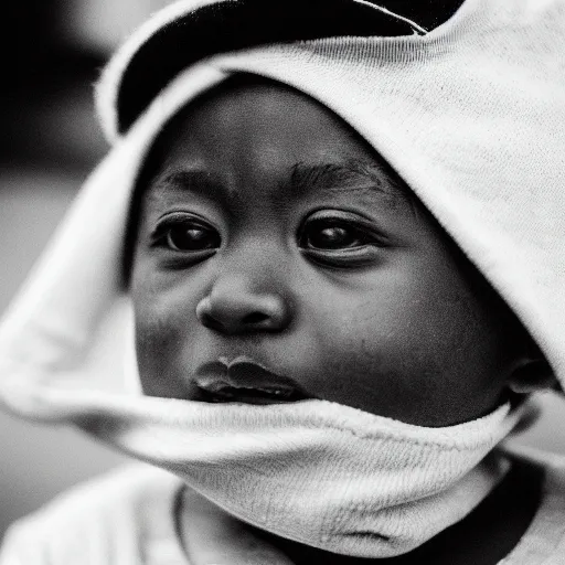 Image similar to the face of young juice wrld at 1 years old, black and white portrait by julia cameron, chiaroscuro lighting, shallow depth of field, 8 0 mm, f 1. 8