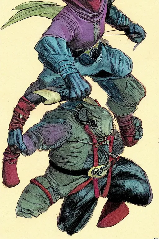 Prompt: awesome rabbit dressed as a ninja. concept art by James Gurney and Mœbius.