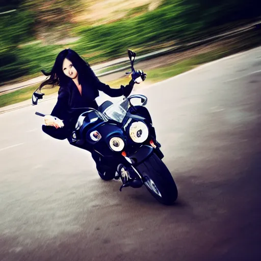 Prompt: Kpop girl riding a motorcycle, 4k photography