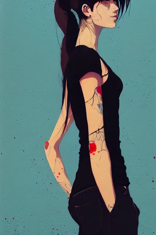 Prompt: a ultradetailed beautiful painting of a stylish woman in with a ponytail, she is wearing a black tank top and jeans, by conrad roset, greg rutkowski and makoto shinkai trending on artstation