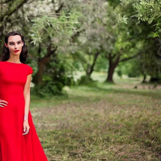 Prompt: Stunning studio photograph of Gal Godot in a red dress smiling slightly for the camera, XF IQ4, f/1.4, ISO 200, 1/160s, 8K, RAW, unedited, symmetrical balance, in-frame, sharpened