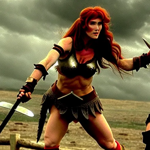 Prompt: jennifer connelly as red sonja, battle scene