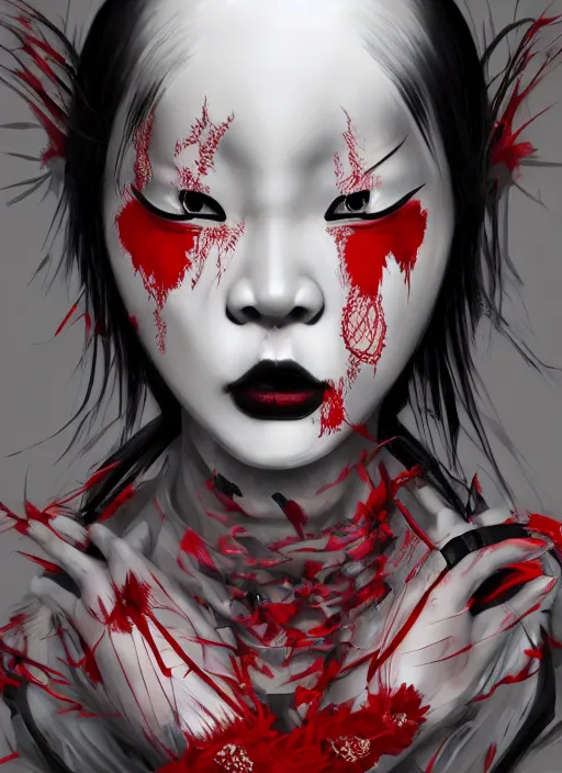 Image similar to albino maiko horror contortionist, red white and black, concept art, ambient light, 4 k, intricate details, highly professionally detailed, cgsociety, highly detailed -