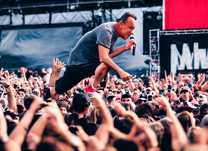 Image similar to photo still of tom hanks at vans warped tour!!!!!!!! at age 4 5 years old 4 5 years of age!!!!!!! stage diving into a crowd, 8 k, 8 5 mm f 1. 8, studio lighting, rim light, right side key light