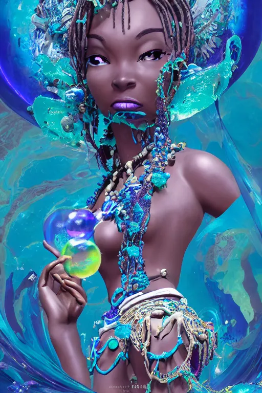 Image similar to epic 3 d yemaya, caring african goddess, liquid fish and flowers spinning, 2 0 mm, with cerulean and white foam, melting smoothly into asymmetrical bubbles and flowers, liquid, delicate, intricate, houdini sidefx, trending on artstation, by jeremy mann and ilya kuvshinov, jamie hewlett and ayami kojima