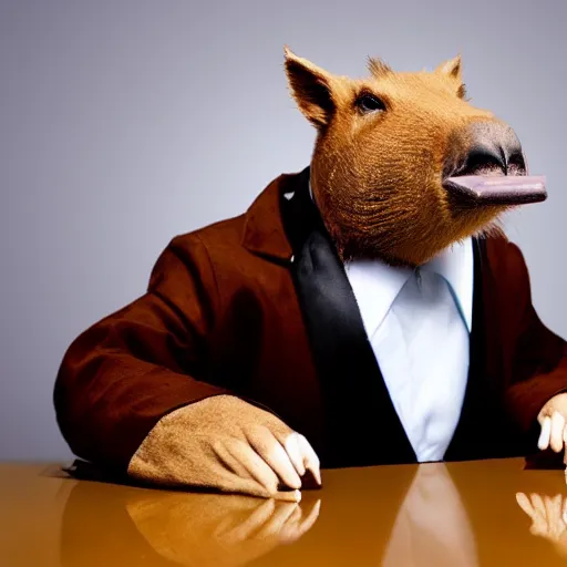 Image similar to smoking cigar, a man wearing a suit capybara head (smoking cigar)