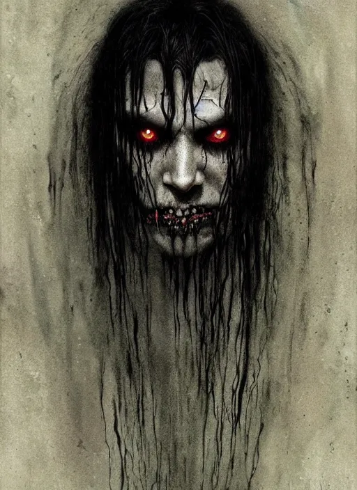 Image similar to portrait of a ancient bloodthirsty vampire man revenant with long tangles of black hair, eerie glowing eyes, gothic fog ambience, hyper realistic head, fantasy art, in the style of greg rutkowski, zdizslaw beksinski, intricate, alphonse mucha, hyper detailed, smooth