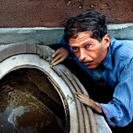 Prompt: close up portrait of a man pulling up a large fish from a manhole in a new york street, photograph, natural light, sharp, detailed face, magazine, press, photo, steve mccurry, david lazar, canon, nikon, focus