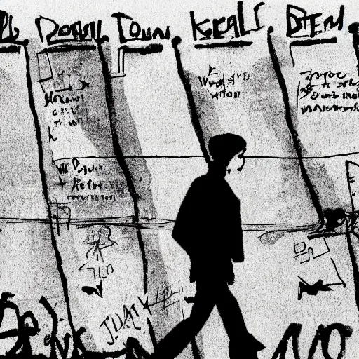 Image similar to storyboard frame of pov of a man walking on the berlin wall