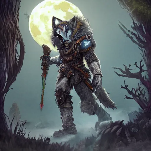 Image similar to a druid turning into a machine wolf, full moon, dnd 5 e, night, epic art, horizon zero dawn, highly detailed and intricate, trending on artstation