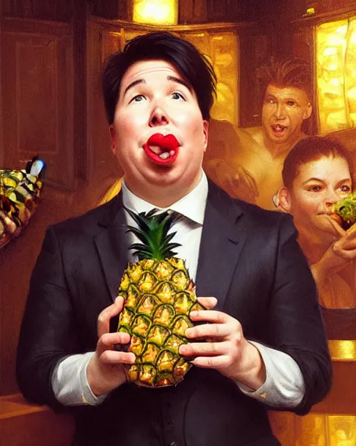 Image similar to Portrait of a drunk Michael Mcintyre eating a pineapple in a nightclub in Porto,real life skin, intricate, elegant, highly detailed, artstation, concept art, smooth, sharp focus, art by artgerm and greg rutkowski and alphonse mucha