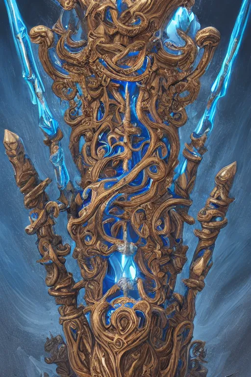 Image similar to an ornate and royal twisted ornate carved wooden wizards staff weapon with a radiant blue crystal on top, hovering, hyper realism, realistic shading, cinematic composition, blender render, hdr, detailed textures, photorealistic, 3 5 mm film, fantasy greg rutkowski digital painting, giger