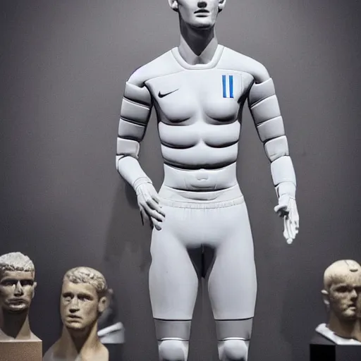 Image similar to “ a realistic detailed photo of a guy who is an attractive humanoid who is half robot and half humanoid, who is a male android, soccer player antoine griezmann, shiny skin, posing like a statue, blank stare, at the museum, on display ”