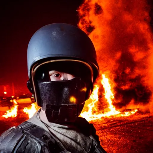 Prompt: portrait of a anti-riot policeman head on fire , front, centered, riot background, at night, mid shot , editorial photography