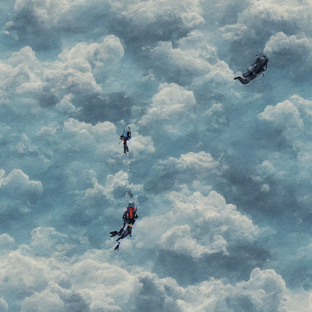 Image similar to a scubadiver floating above the clouds, digital illustration