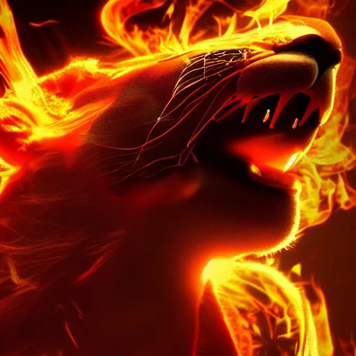 Image similar to fire lion, flaming, detail, unreal engine, cinematic