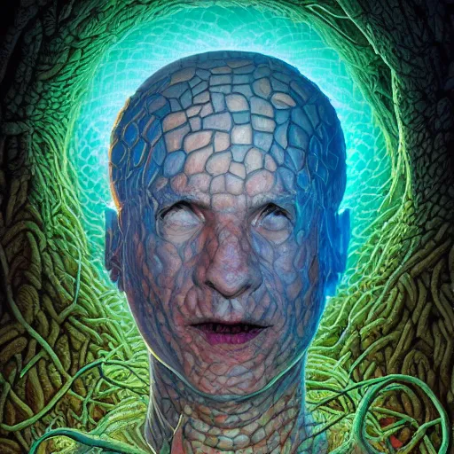 Prompt: fungus labyrinth mohawk scales reflector portrait by gaston bussierre and charles vess and james jean and erik jones and rhads, inspired by rick and morty, epic, funny, huge scale, beautiful fine face features, intricate high details, sharp, ultradetailed