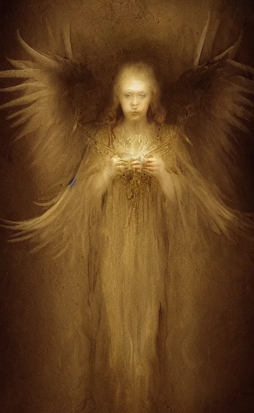 Prompt: Angel knight gothic girl. By Rembrandt painting (1667), (fractal flame)*10, highly detailded