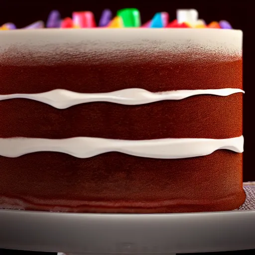 Image similar to cinematic screenshot of a delicious looking birthday cake ; crisp sharp focus ; ultra realistic, concept art, intricate details, food photography, highly detailed, photorealistic, octane render, 8 k, unreal engine. ray traced hdr lighting