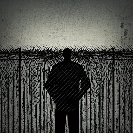 Image similar to scared man standing in front of a fence with barbed wire, by jeffrey smith, tim biskup, behance contest winner, wallpaper, digital illustration